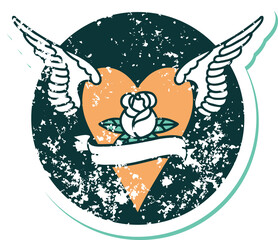 iconic distressed sticker tattoo style image of a flying heart with flowers and banner