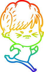 rainbow gradient line drawing of a cartoon frustrated woman