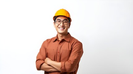 Building sector and industrial workers concept. confident young asian engineer, construction manager in reflective clothes helmet cross arms smiling sassy ensuring quality white wall