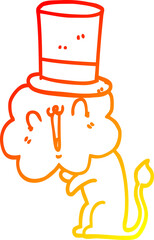 warm gradient line drawing of a cute cartoon lion wearing top hat
