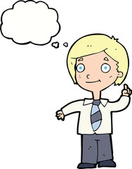 cartoon school boy answering question with thought bubble