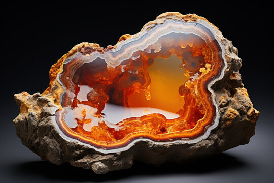 Agate piece with soft lines and shapes, on a dark background. Generative AI.