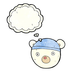 cartoon polar bear cub wearing hat with thought bubble