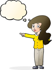 cartoon pretty woman pointing with thought bubble