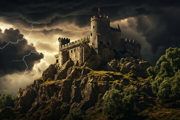 Fototapeta na wymiar A storm brews dramatically over a historic castle - juxtaposing medieval architecture with the imposing force of nature in the skies.