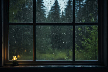 Raindrops hitting a window in a rhythmic pattern during a thunderstorm - contrasting the coziness indoors with the intensity of the storm outside.