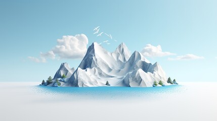 3d illustration of snowy island advertisement. snow with mountains isolated. Travel and vacation background.