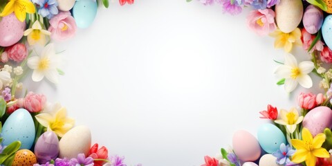 Naklejka na ściany i meble colored easter eggs decoration frame on bright background copy space