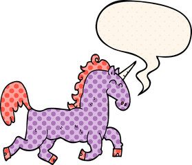 cartoon unicorn with speech bubble in comic book style