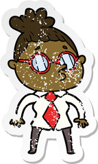 distressed sticker of a cartoon woman wearing glasses