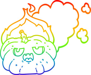 rainbow gradient line drawing of a cartoon flaming halloween pumpkin