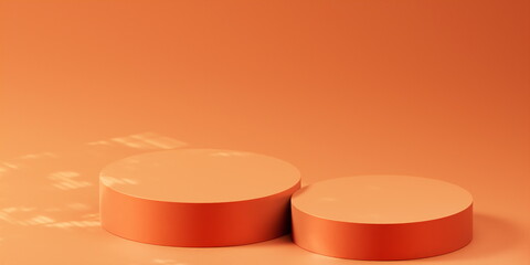 Empty room scene backdrops product display on orange background with sunny shadow in blank studio. Empty pedestal or podium platform. 3D Rendering.

