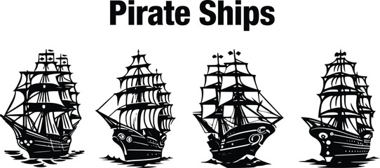 Pirate boats and Old different Wooden Ships with Fluttering Flags. Vector Set Old shipping sails traditional vessel pirate symbols garish vector illustrations. Black silhouettes collection set