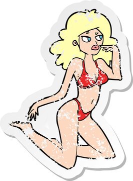 retro distressed sticker of a cartoon woman in underwear looking thoughtful