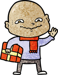 cartoon nervous man with xmas present