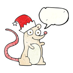 freehand speech bubble textured cartoon mouse wearing christmas hat