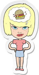 sticker of a cartoon woman thinking about junk food