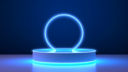 Product podium with neon circle on blue studio background, mock-up for your design