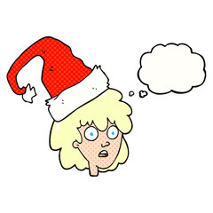freehand drawn thought bubble cartoon woman wearning santa hat
