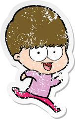 distressed sticker of a happy cartoon boy running