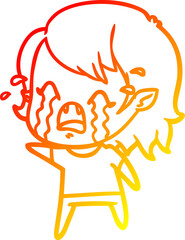 warm gradient line drawing of a cartoon crying vampire girl