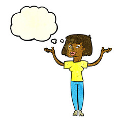 cartoon woman holding up hands with thought bubble