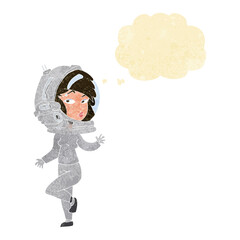 cartoon woman wearing space helmet with thought bubble