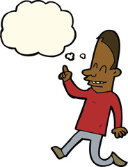 cartoon happy man pointing with thought bubble