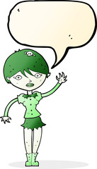 cartoon vampire girl waving with speech bubble
