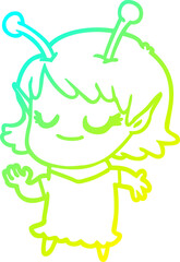 cold gradient line drawing of a smiling alien girl cartoon