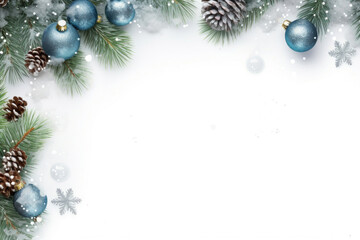 Fototapeta na wymiar Frame of Christmas balls and pine branches on a frozen white background