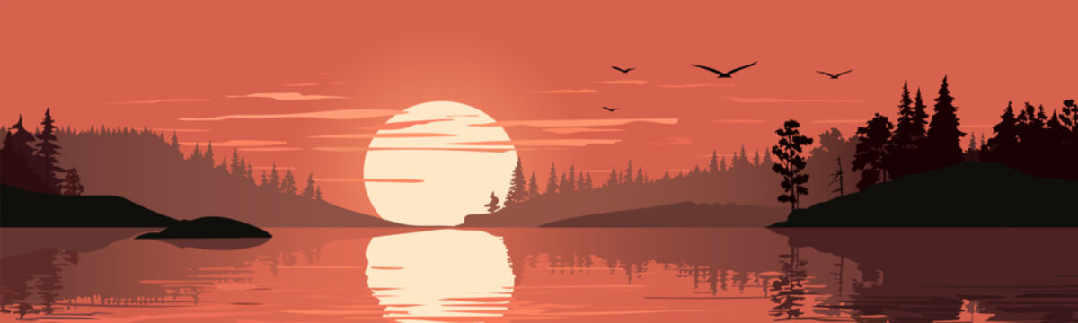 Panoramic landscape of sunset over the lake. Beautiful landscape of a large lake with reflections, an amazing red sunset against the backdrop of silhouettes of trees, hills and clouds.
