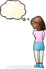 cartoon brainy woman with thought bubble