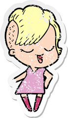 distressed sticker of a happy cartoon girl
