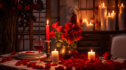 Romantic Valentine's Day Setting with Candles and Roses