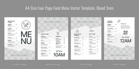 Restaurant cafe menu, template design, A4 size four page food menu template, Bleed 3mm