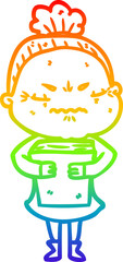 rainbow gradient line drawing of a cartoon annoyed old lady
