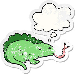 cartoon lizard with thought bubble as a distressed worn sticker