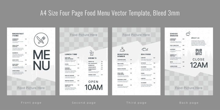 Restaurant cafe menu, template design, A4 size four page food menu template, Bleed 3mm