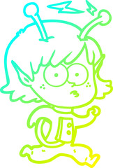 cold gradient line drawing of a cartoon alien girl