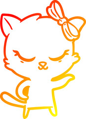 warm gradient line drawing of a cute cartoon cat with bow