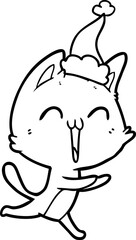 Obraz premium happy hand drawn line drawing of a cat meowing wearing santa hat
