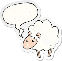 cartoon sheep with speech bubble distressed distressed old sticker