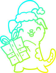 cold gradient line drawing of a cute cartoon puppy with christmas present and hat