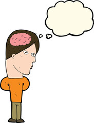 cartoon man with big brain with thought bubble