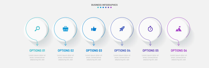 Timeline infographic with infochart. Modern presentation template with 6 spets for business process. Website template on white background for concept modern design. Horizontal layout.