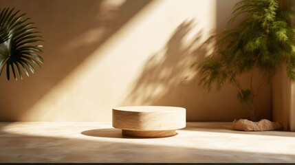 Wooden podium for product presentation with palm leaves shadow on the wall