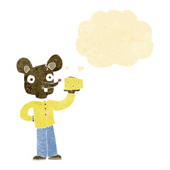 cartoon mouse holding cheese with thought bubble