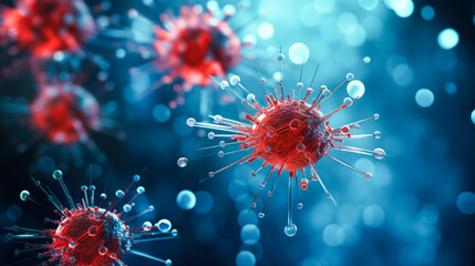 Influenza virus, abstract microbes, bacteria, microorganism cells, pathogen, blue background. Medicine, healthcare