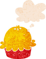 cartoon pie with thought bubble in grunge distressed retro textured style
